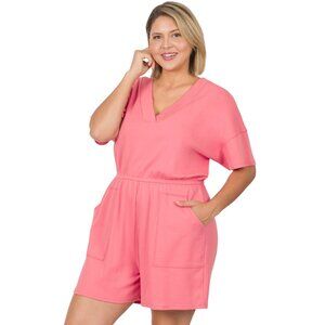 66- Zenana Desert Rose Romper Plus drop shoulder v-neck romper with pockets